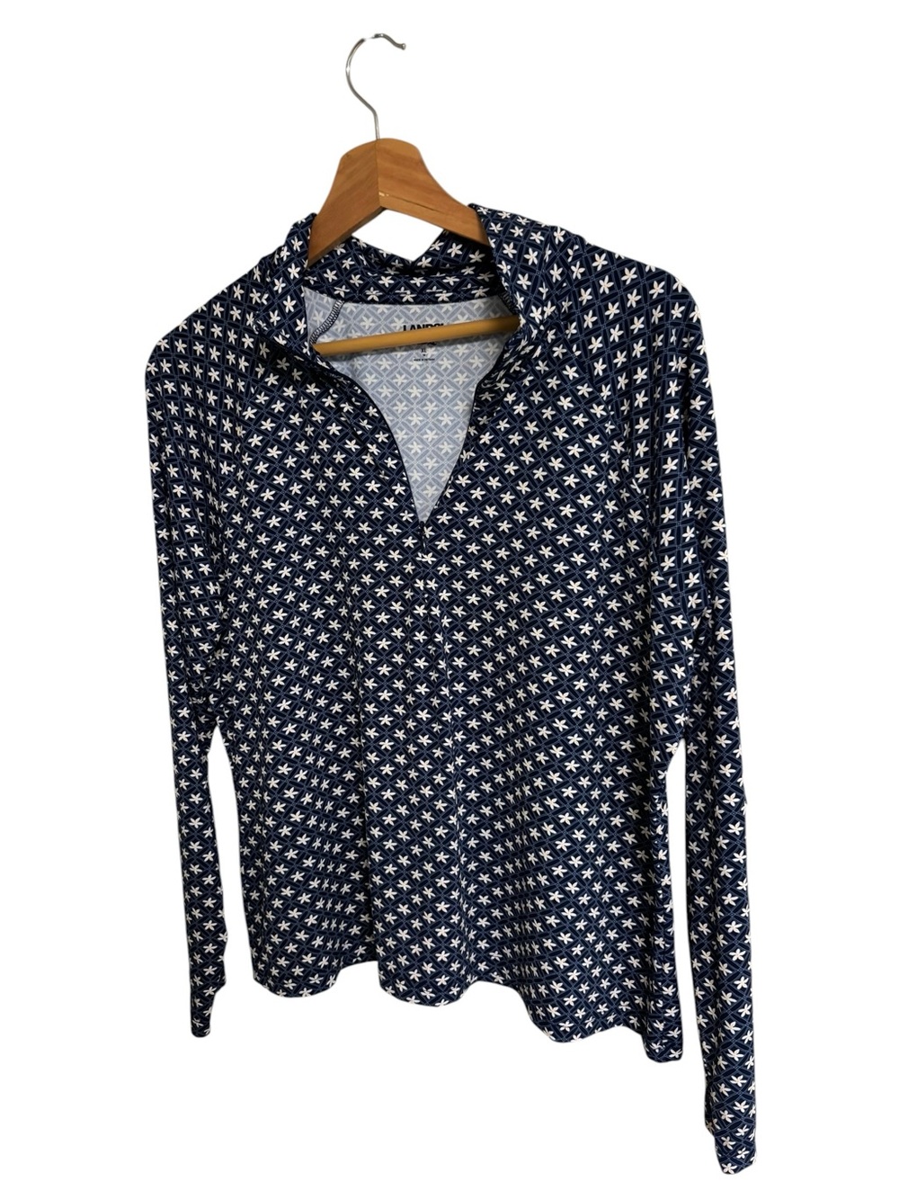 Lands’End navy blue allover geometric pattern 1/2 zip rash guard swim shirt XL - Picture 3 of 11